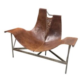 Custom Design Attributed to William Katavalos T-Chair Whip Stitched Saddle Leather Sling Chair