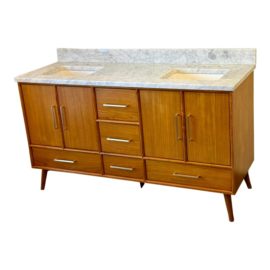 NEW Signature Hardware Novak Freestanding Teak + Carrara Marble Double Sink Basin Vanity Set. Original Price: $3,090