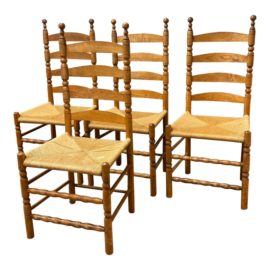 William & Mary Style Tiger Maple Ladder Back Dining Chairs, Set of Four