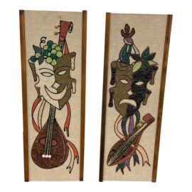 Mid 20th Century Comedy & Tragedy Masks of Pebble Art, a Pair