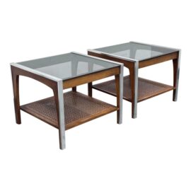 Vintage Smoked Glass + Cane Shelves Side Tables, a Pair