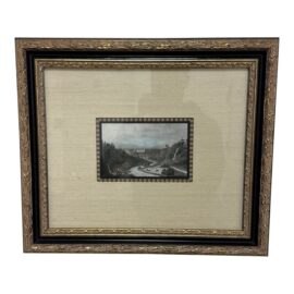 Custom Framed Museum Glass View of Dinan by Skelton Etching, Within Silk + Linen Matte