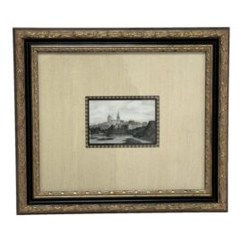Custom Framed Museum Glass View of Dinan by Skelton Etching, Within Silk + Linen Matte