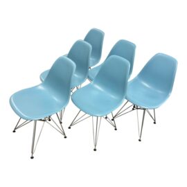 Vitra Charles & Ray Eames Tiffany Blue Shell Eiffel Base Side Chairs, Set of Six. Original Price: $3,000