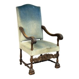 Antique Jacobean Style Sky Blue Velvet Arm Chair