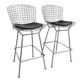 Knoll Studios Harry Bertoia Wire Bar Stools + Black Leather Pads, Pair. Original Price: $3,724