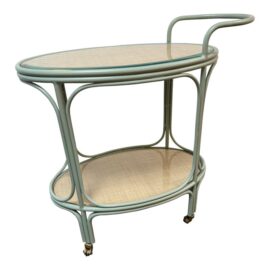 Contemporary Green + Rattan Bar Serving Cart