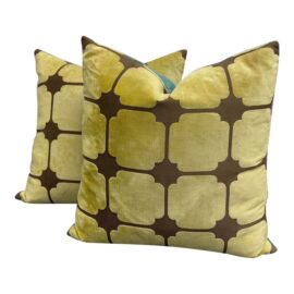Trellis Design Yellow + Teal Velvet Down Pillows, a Pair