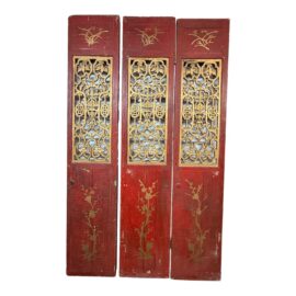 Antique Chinese Carved Gilt and Red Lacquer Panels, Set of 3