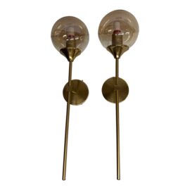 Contemporary Smoke Glass Globe + Brass Wall Sconces, a Pair