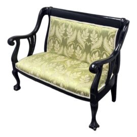 Chinoiserie Green Silk Damask + Black Finish Settee