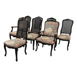 Louis XV Style French Cane Carved Walnut With Black Finish + Custom Pierre Frey Le Rocher Dining Chairs, Set of Eight