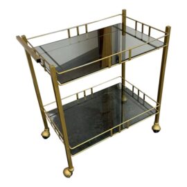 Mid 20th Century Art Deco Brass + Smoked Glass Rolling Bar Cart