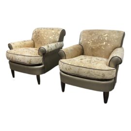 Fitzgerald Custom Design Leather + Gold Acid Wash Cowhide Arm Lounge Chairs, a Pair. Original Price: $10,000