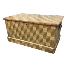 Vintage Optic Cubed Wood Marquetry Storage Box + Handles