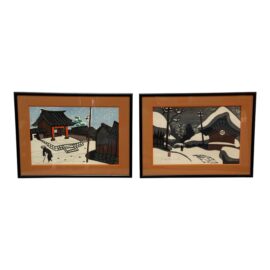 Circa 1970's Kiyoshi Saito Vintage Winter in Aizu Woodblock Prints, a Pair