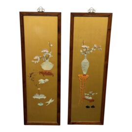 Antique Chinese Semi-Precious Stone Still Life Panels, a Pair