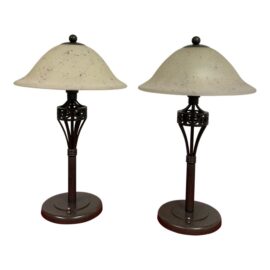 Antiqued Finish Table Lamps With Speckled Shades, a Pair