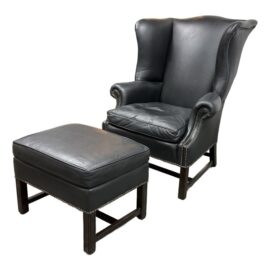 Vintage Chippendale Style Black Leather Arm Chair + Ottoman, Set