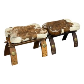 Antique Eyptian Camel Saddle Stools/Modified Ottomans With Hair on Hide Cushions, a Pair
