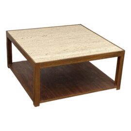 Mid 20th Century Travertine + Walnut Wood Coffee Table