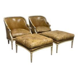 Belmar Furniture Custom Hendrix Allardyce Louis XVI Style Bergere Armchairs + Ottomans Set