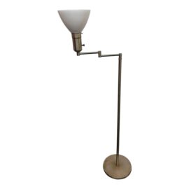Vintage Walter Von Nessen Steel Swing Arm Floor Lamp + White Milk Glass Shade