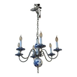 Vintage Dutch Delft Ceramic Six Light Chandelier