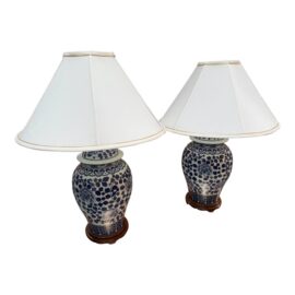Vintage Chinoiserie Blue + White Porcelain Table Lamps, a Pair