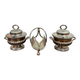 Mid 20th Century Italian Made El De Uberti Silver Plate Napkin Holder + Two Lid Containers, Set of Three