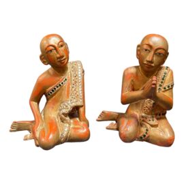 Antique Burmese Carved Wood Buddhist Monks, a Pair