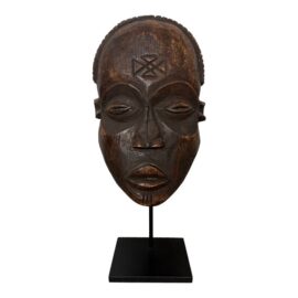 Vintage African Chokwe Tribal Carved Wood Mask on Metal Stand