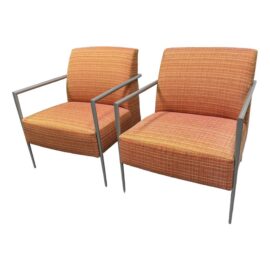 HBF Mid Century Modern Style Orange Tweed + Steel Chairs, a Pair. Original Price: $3,000