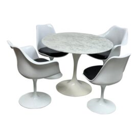 Eero Saarinen Style Marble Top Tulip Table + Four Chairs, Set