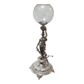 Late 20th Century Art Deco Style Pewter Centerpiece + Glass Bowl