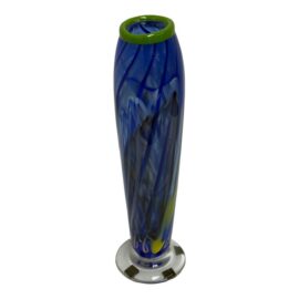 Circa 1999 Tall Blue Narrow Vase With Green Rim, Wavy Design