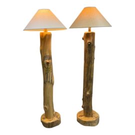 Hand Carved Bears in Forest Floor Lamp, Set of Two