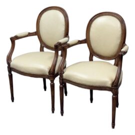 Daniel's Design House Leather Wrapped Louis XVI Style Dining Arm Chairs, Pair