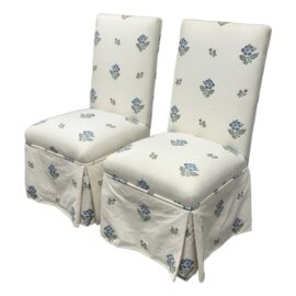 Custom Made Blue Bouquet Floral Print Dining Side Chairs, Pair
