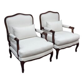 Custom Refurbished White Boucle Bergere Chairs, Pair