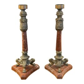 Neoclassical Red Onyx Marble Candlestick Holders, Pair