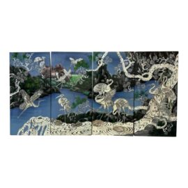 Vintage Vietnamese Mother of Pearl Crane Lacquer Art Panels, Set of Four