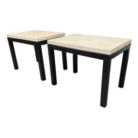 Crate & Barrel Parsons Travertine + Steel Tables, Pair. Original Price: $1,100