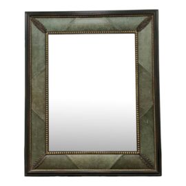French Art Deco Leather + Nailhead Framed Wall Mirror