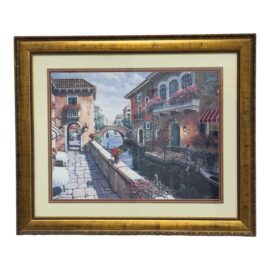 Circa 1998 Gold Framed Venetian Canals Artwork, Signed + Dated