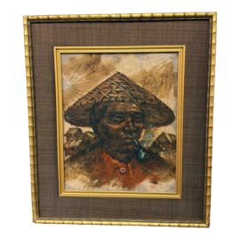 Vintage Asian Man Painted on Tobacco Leaves, Signed Noy