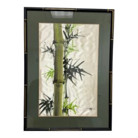 Mid 20th Century Vintage Chinoiserie Green Bamboo Reed Painted on Silk + Framed