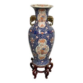 Satsuma Vase With Gilded Elephants Handles on Rosewood Stand