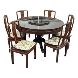 Vintage Chinese Rosewood Dining Table + Six Dining Chairs, Set