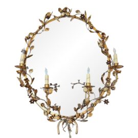 Antique Italian Oval Botanical Tole Four Light Wall Mirror
